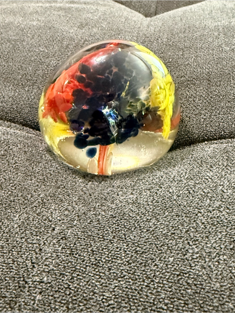 Handblown Glass Paperweight with Red, Yellow, Blue Floral Core